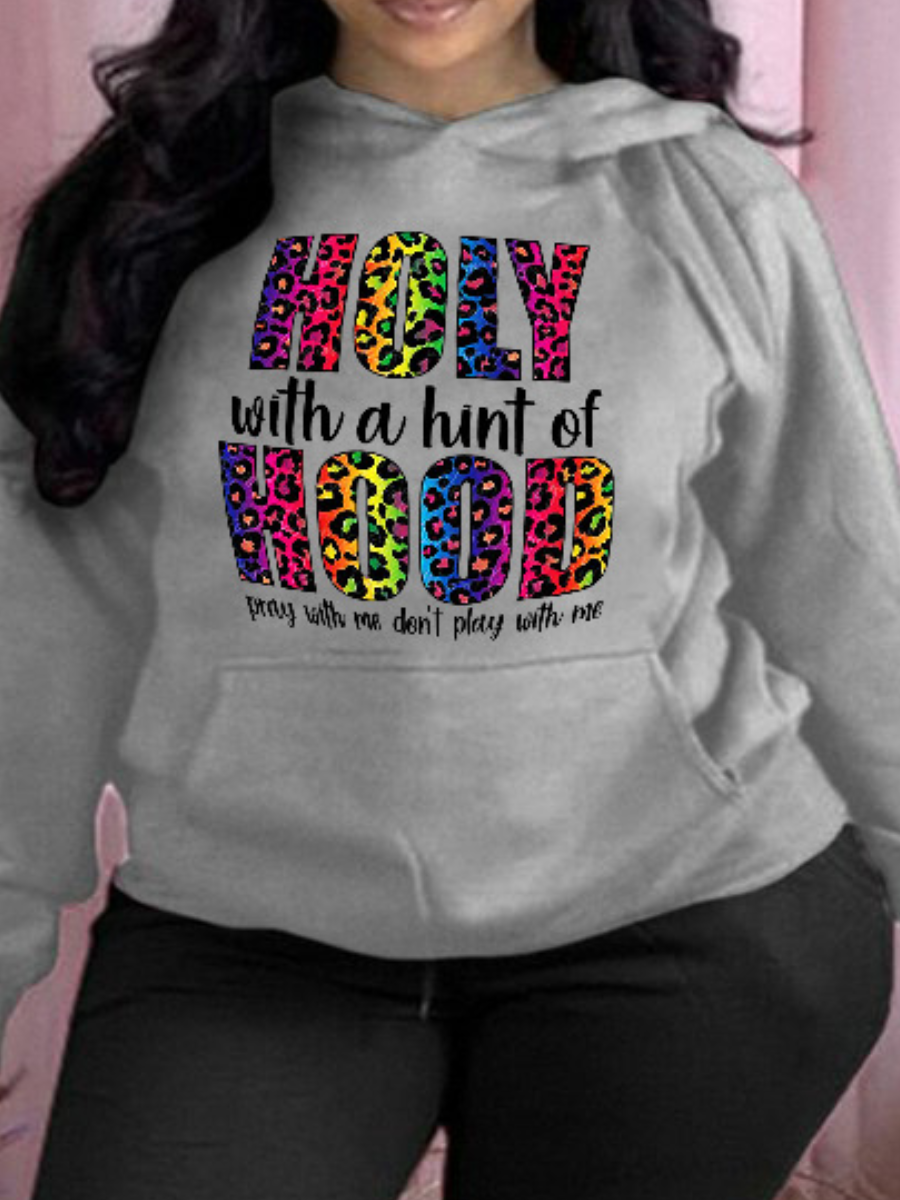 LW Plus Size Pocket Design Letter Leopard Print Hoodie