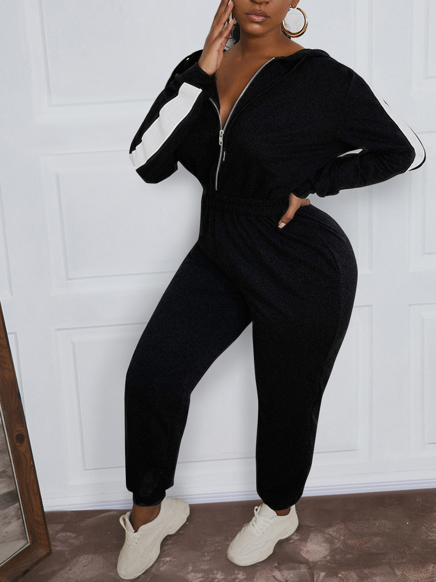 LW Sweat Zipper Design Striped Jumpsuit