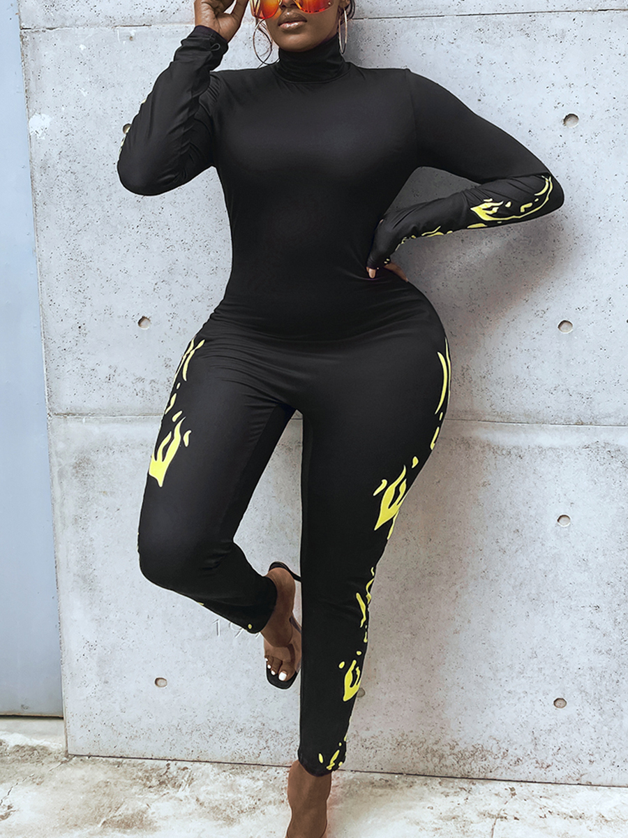 LW Round Neck Flame Print Skinny Jumpsuit