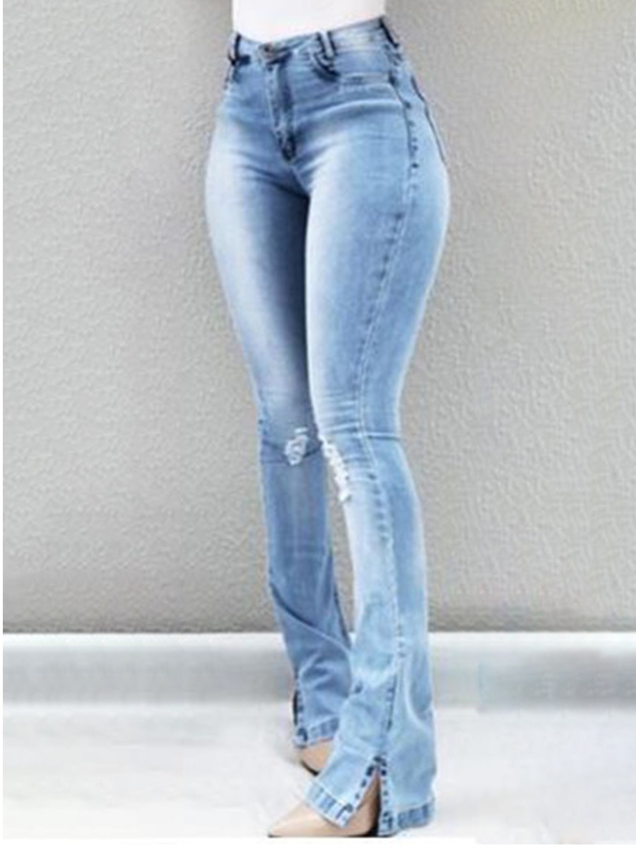 LW High Stretchy Ripped Split Hem Boot Cut Jeans