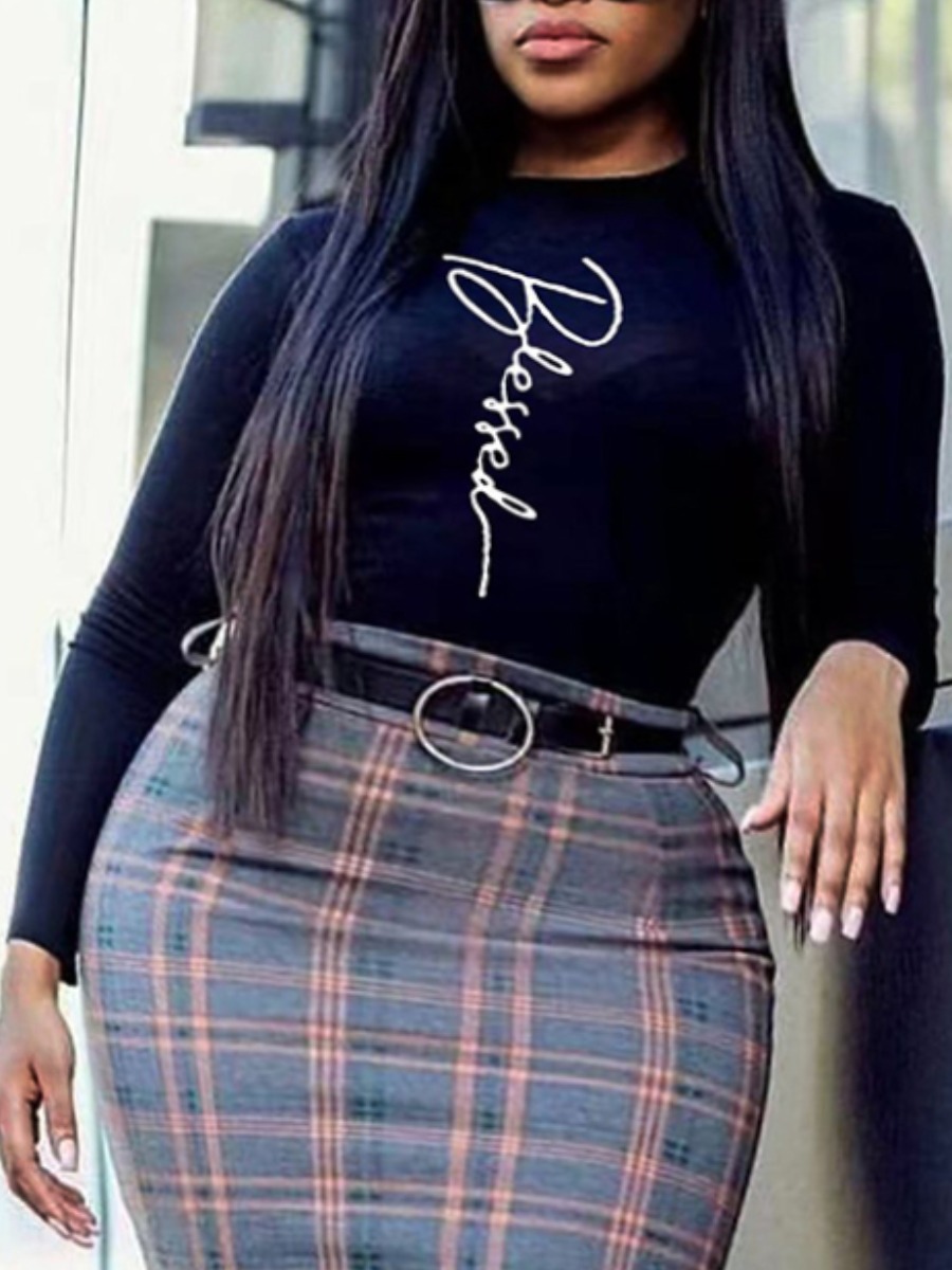 LW COTTON Plus Size Round Neck Letter Print T-shirt