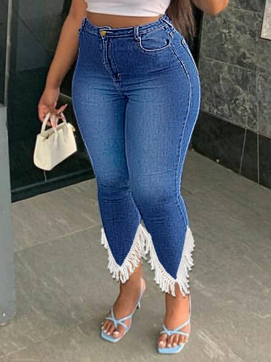 LW High-waisted High Stretchy Tassel Design Jeans