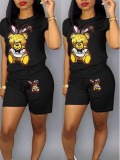 LW Bear Casual Cartoon Print Black Two-piece Shorts Set