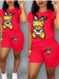 LW Bear Casual Cartoon Print Red Two-piece Shorts Set