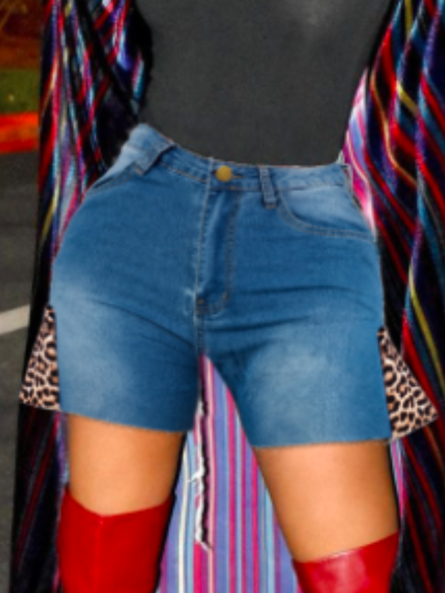 LW High Stretchy Leopard Print Raw Edge Denim Shorts