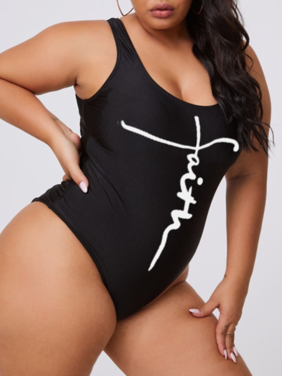 LW Plus Size Faith U Neck Letter Print One-piece Swimsuit