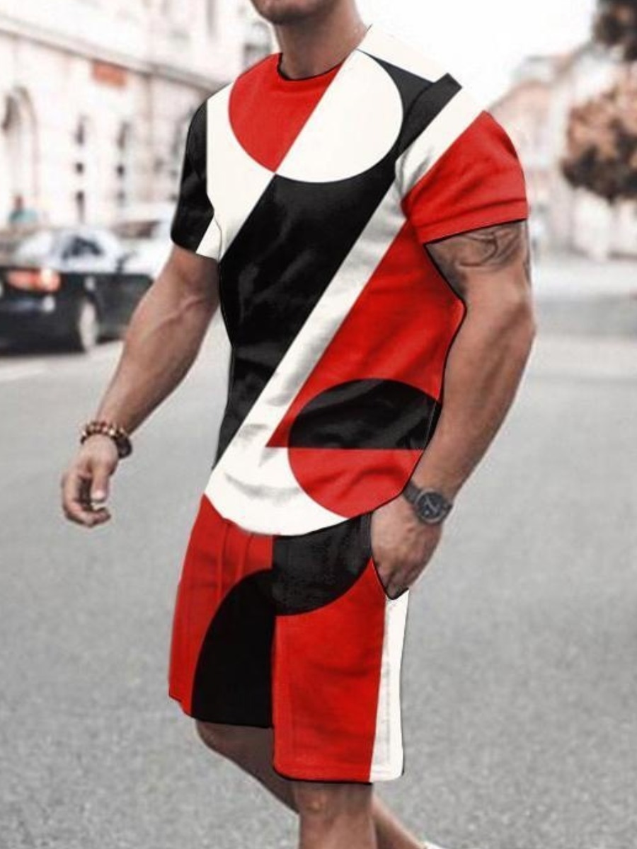 LW COTTON Men Polyester Geometric Regular Yes(Stretch) Two-piece Shorts Set
