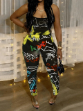 LW Plus Size Street Backless Letter Print Black One-piece Jumpsuit