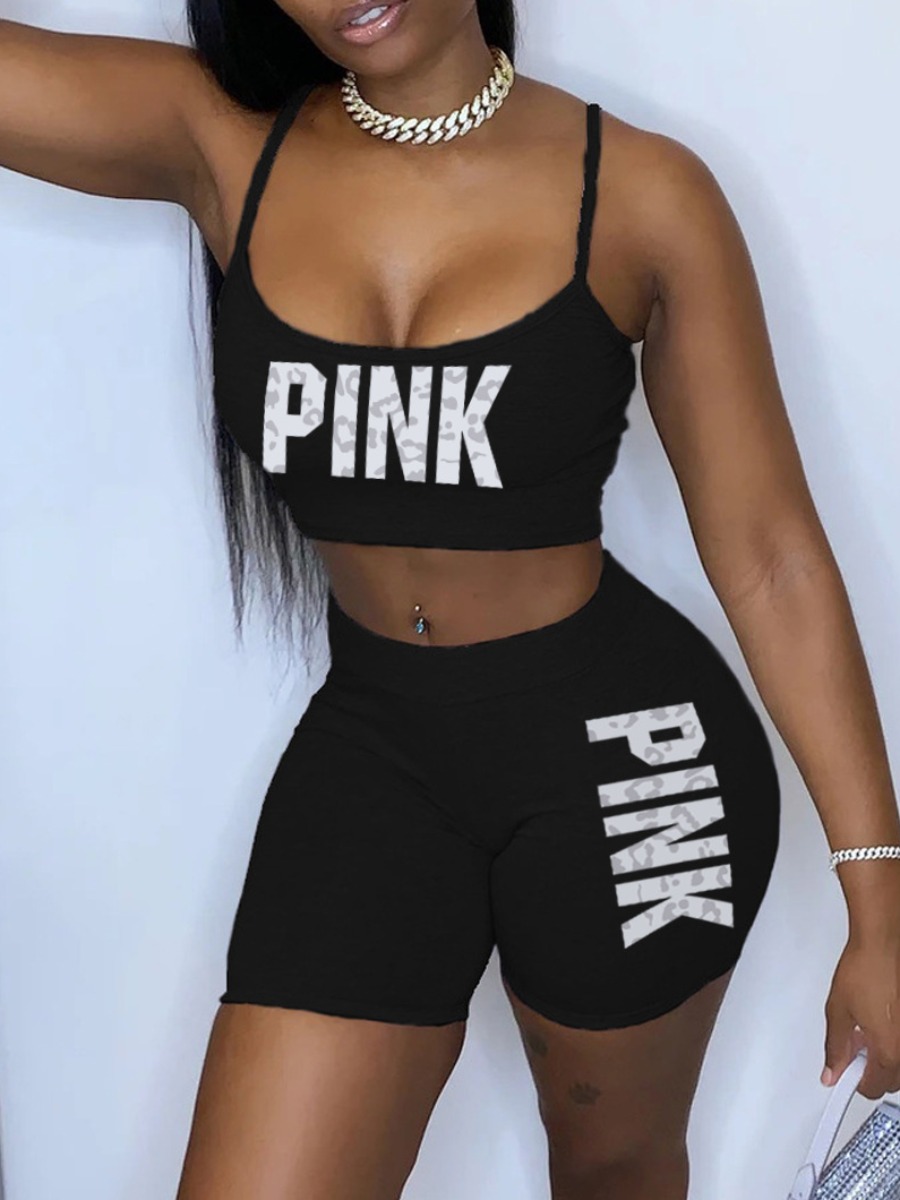 LW Pink Letter Print Crop Top Shorts Set