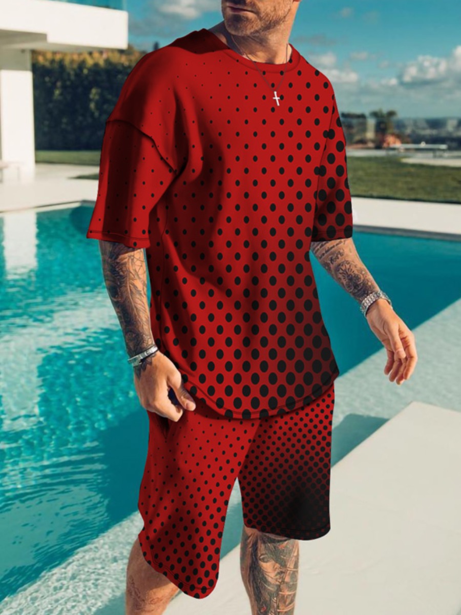 LW Men Round Neck Dot Print Shorts Set