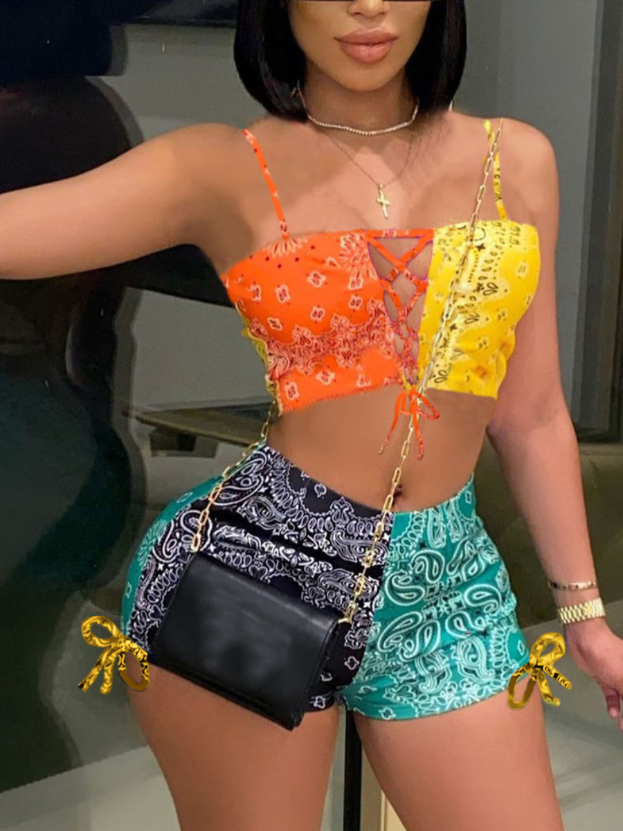 LW Street Bandage Hollow-out Design Orange Yellow Two Piece Shorts Set