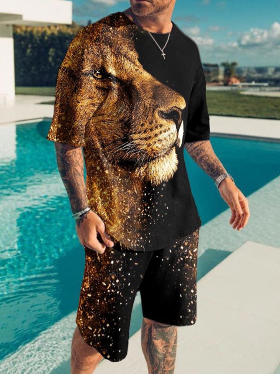 LW Men Round Neck Animal Print Shorts Set