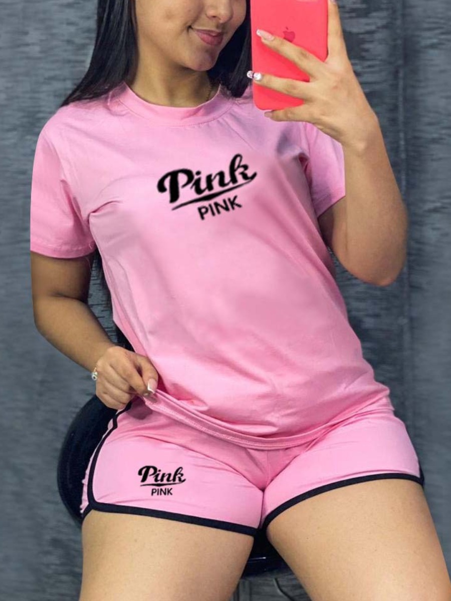LW Pink Letter Print Shorts Set
