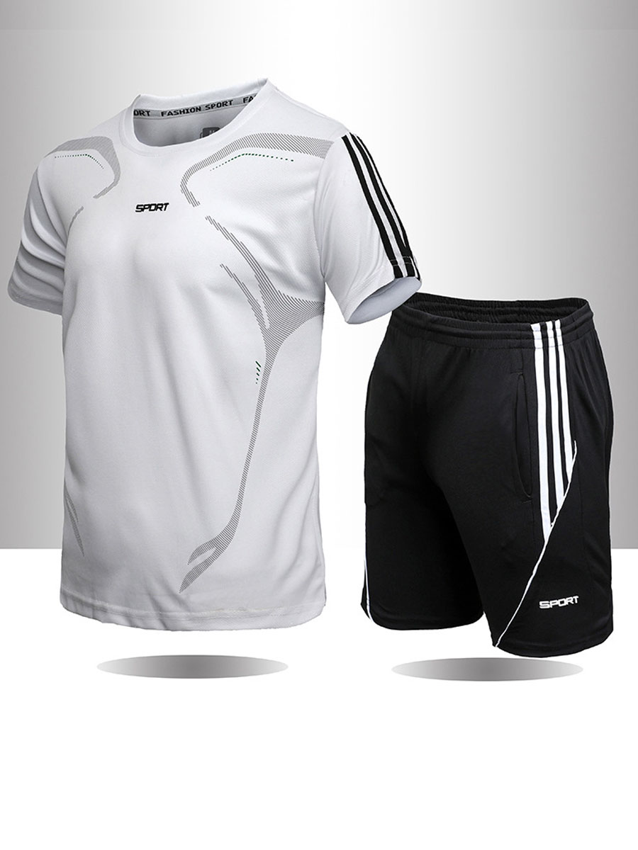 LW Men Letter Print Striped Shorts Set