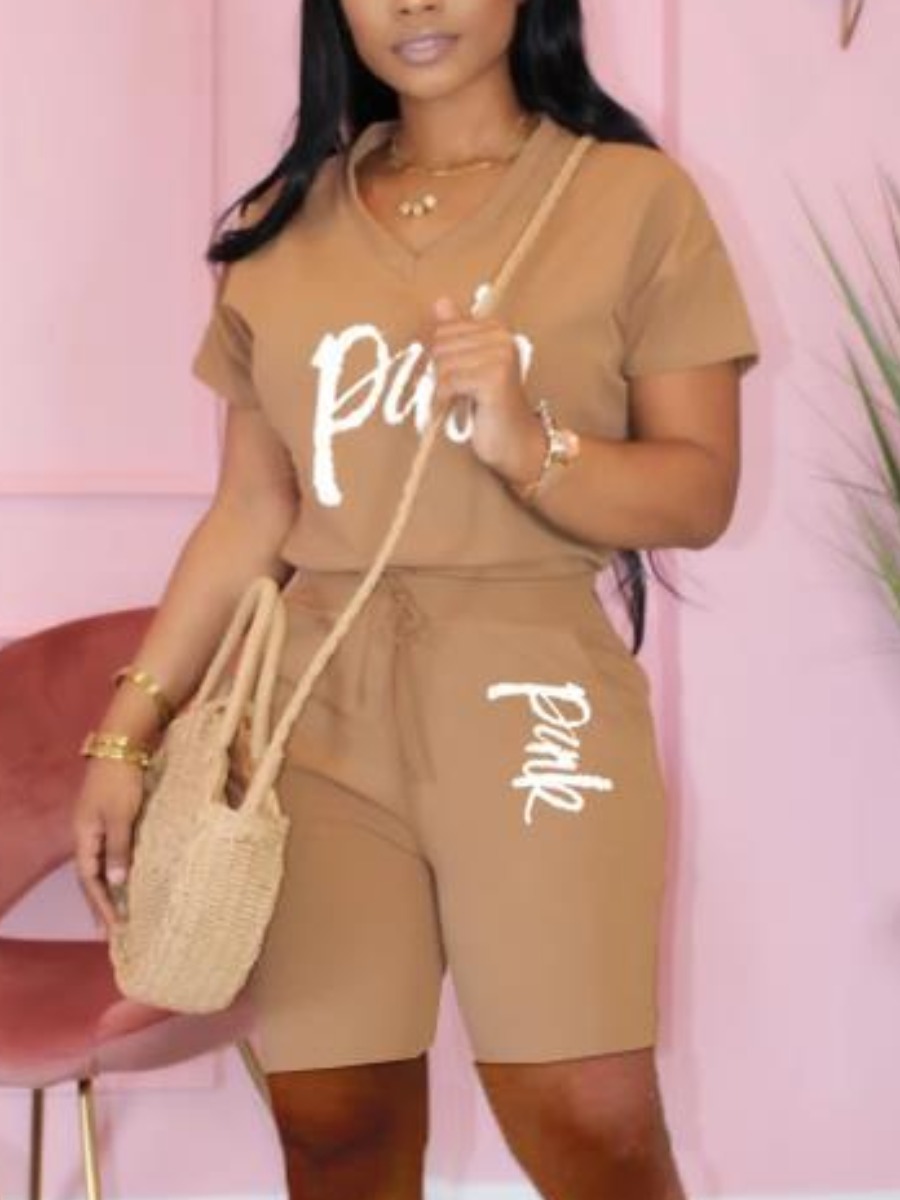 LW Pink Letter Print Drawstring Shorts Set