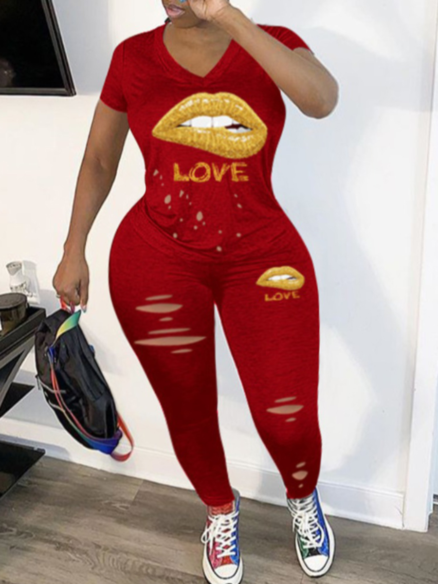 LW COTTON Plus Size Lip Letter Print Ripped Pants Set