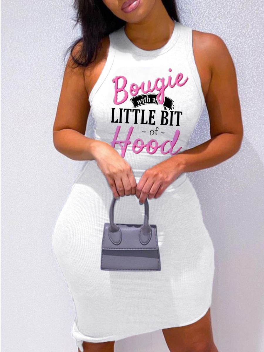 LW Letter Print Rib-Knit Bodycon Dress