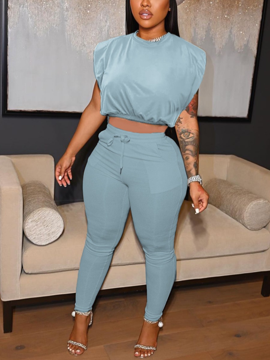 LW High Stretchy Drawstring Crop Top Pants Set