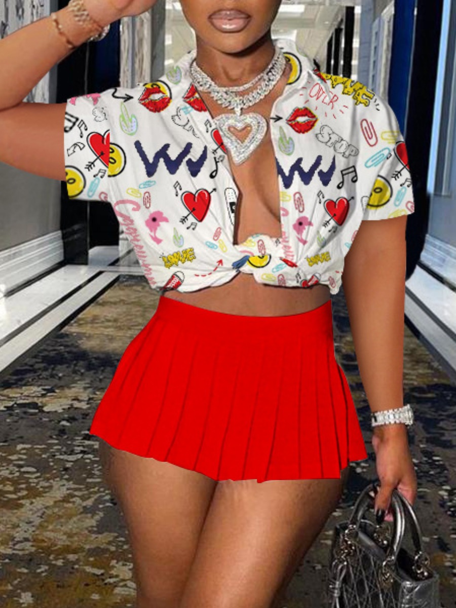 LW Letter Lip Print Pleated Skirt Set