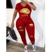 LW COTTON Plus Size Lip Letter Print Ripped Pants 
