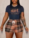 LW Plus Size Plaid Letter Print Drawstring Shorts Set
