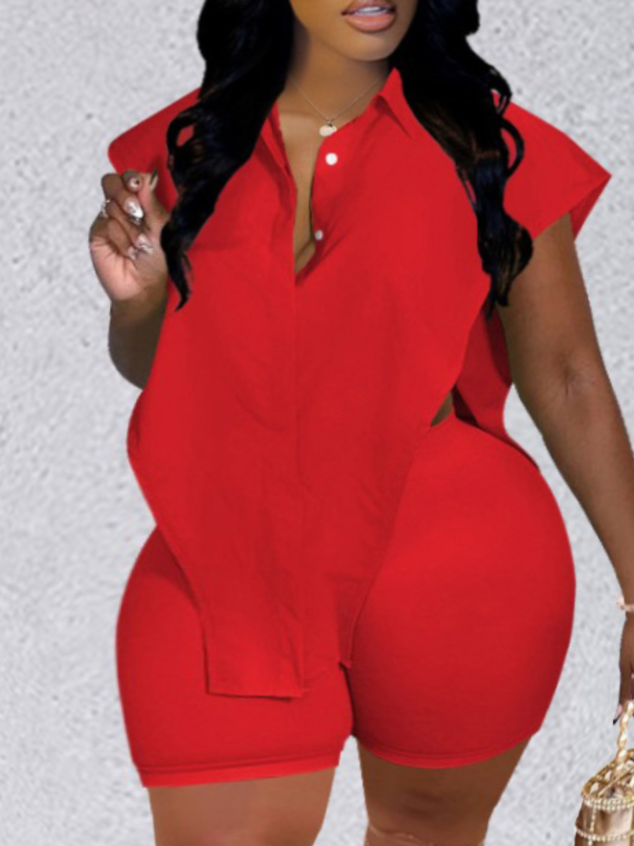 LW Plus Size Turndown Collar Side Split Shorts Set
