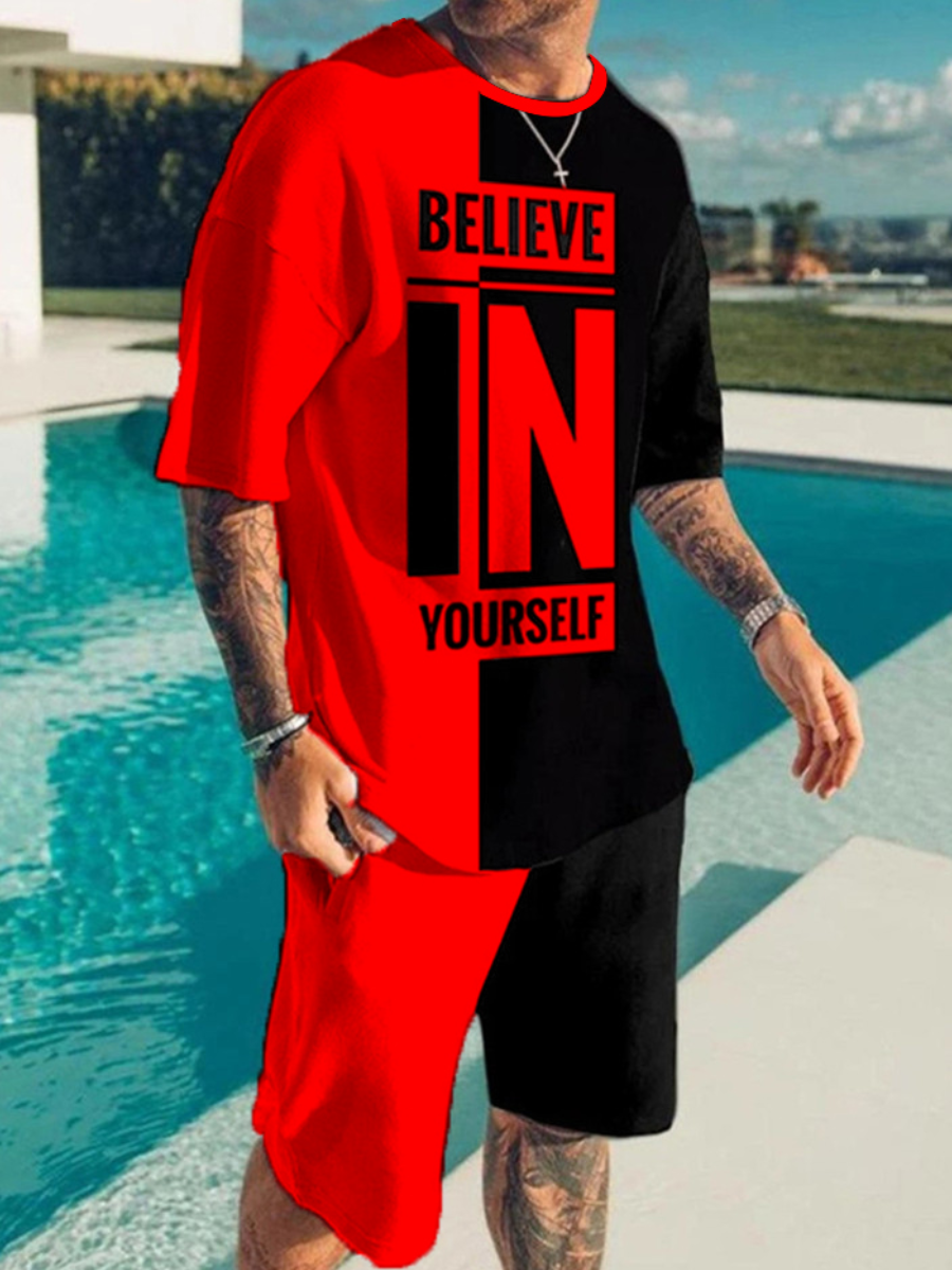 LW Men Round Neck Letter Print Shorts Set