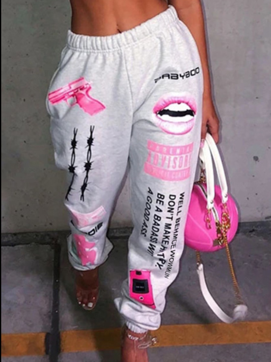 LW Street Lip Letter Print White Pants