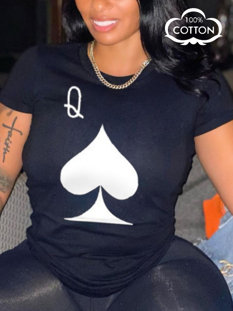 LW COTTON Casual Letter Heart-shaped Print Black T-shirt
