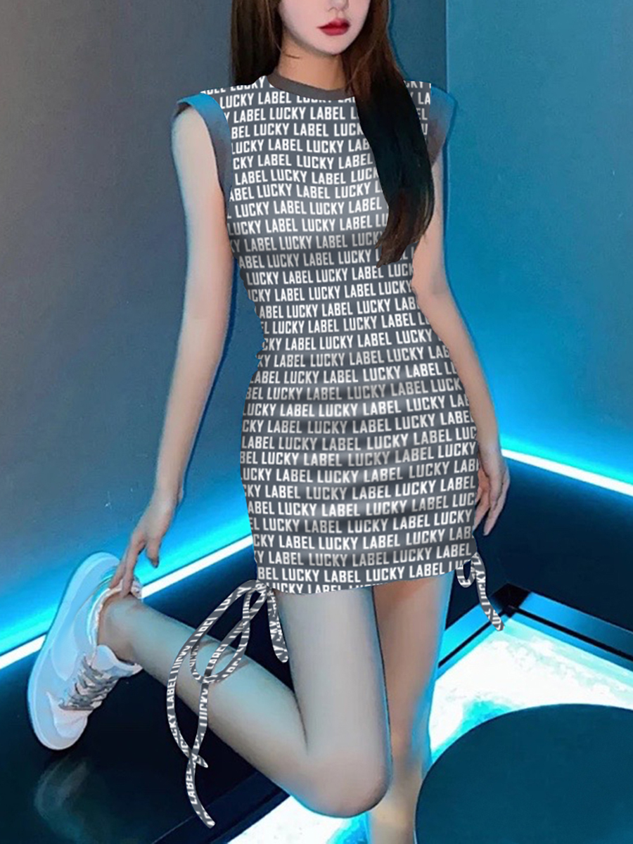 LW Letter Print Drawstring Dress