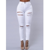 LW High Stretchy Broken Holes White Jeans