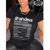 LW Plus Size Casual O Neck Letter Print Black T-sh