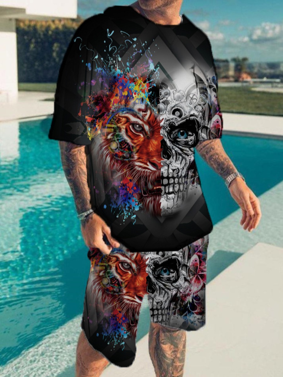 LW Men Blending Splash-ink Skull Head Shorts Set