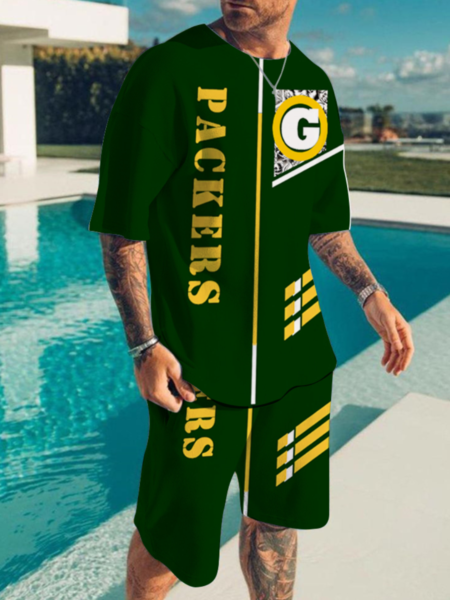 LW Men Packers Letter Print Drawstring Shorts Set