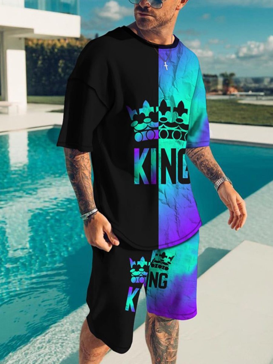 LW Men Crown King Letter Print Shorts Set
