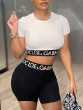 LW Crop Top Letter Print Shorts Set