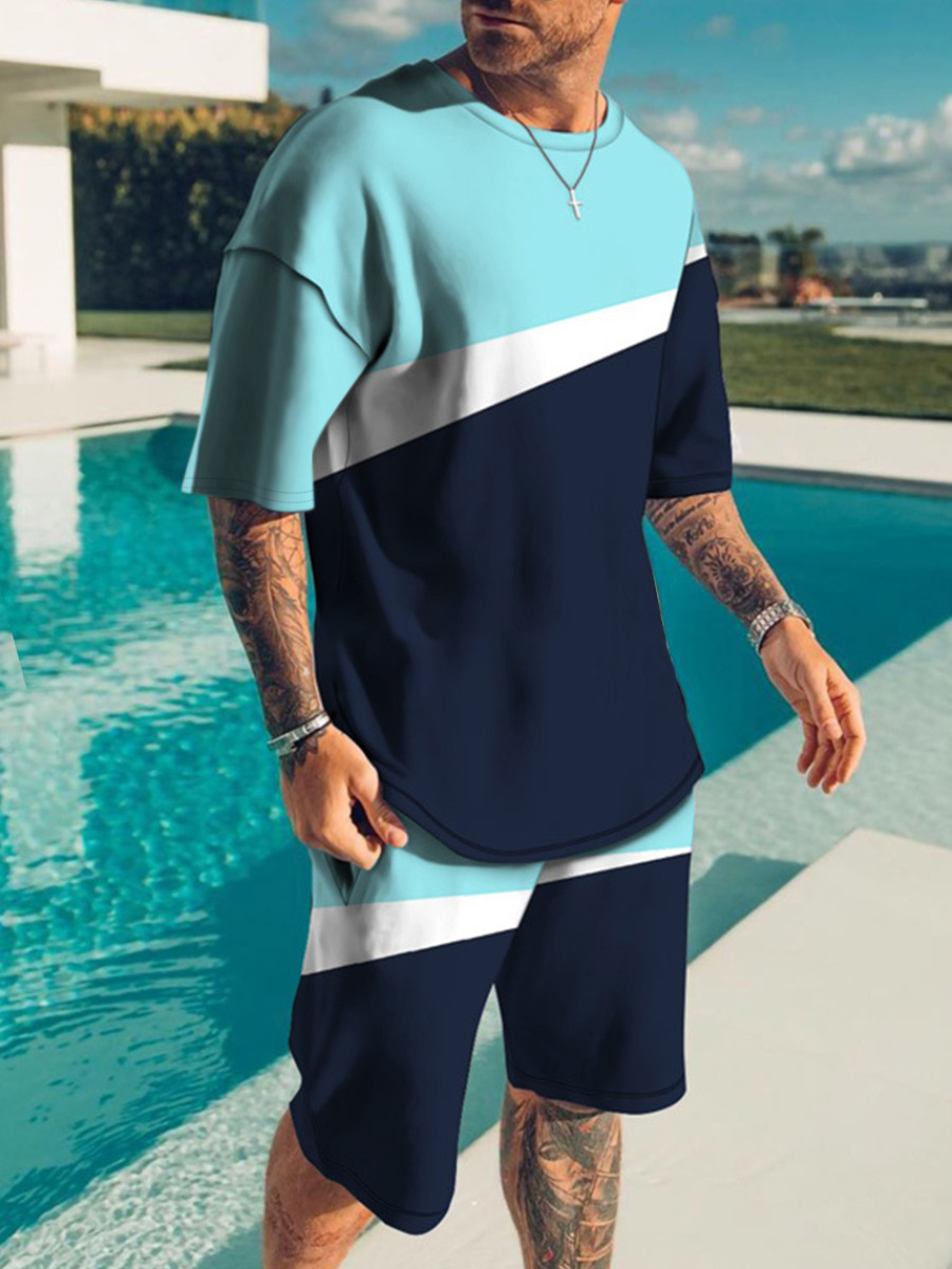 LW Men Dropped Shoulder Patchwork Shorts Set