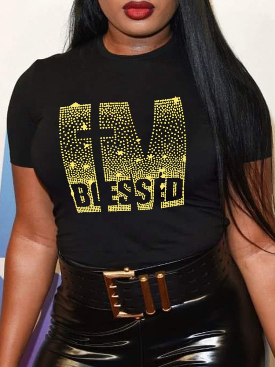 LW Plus Size Rhinestone Blessed Letter T-shirt