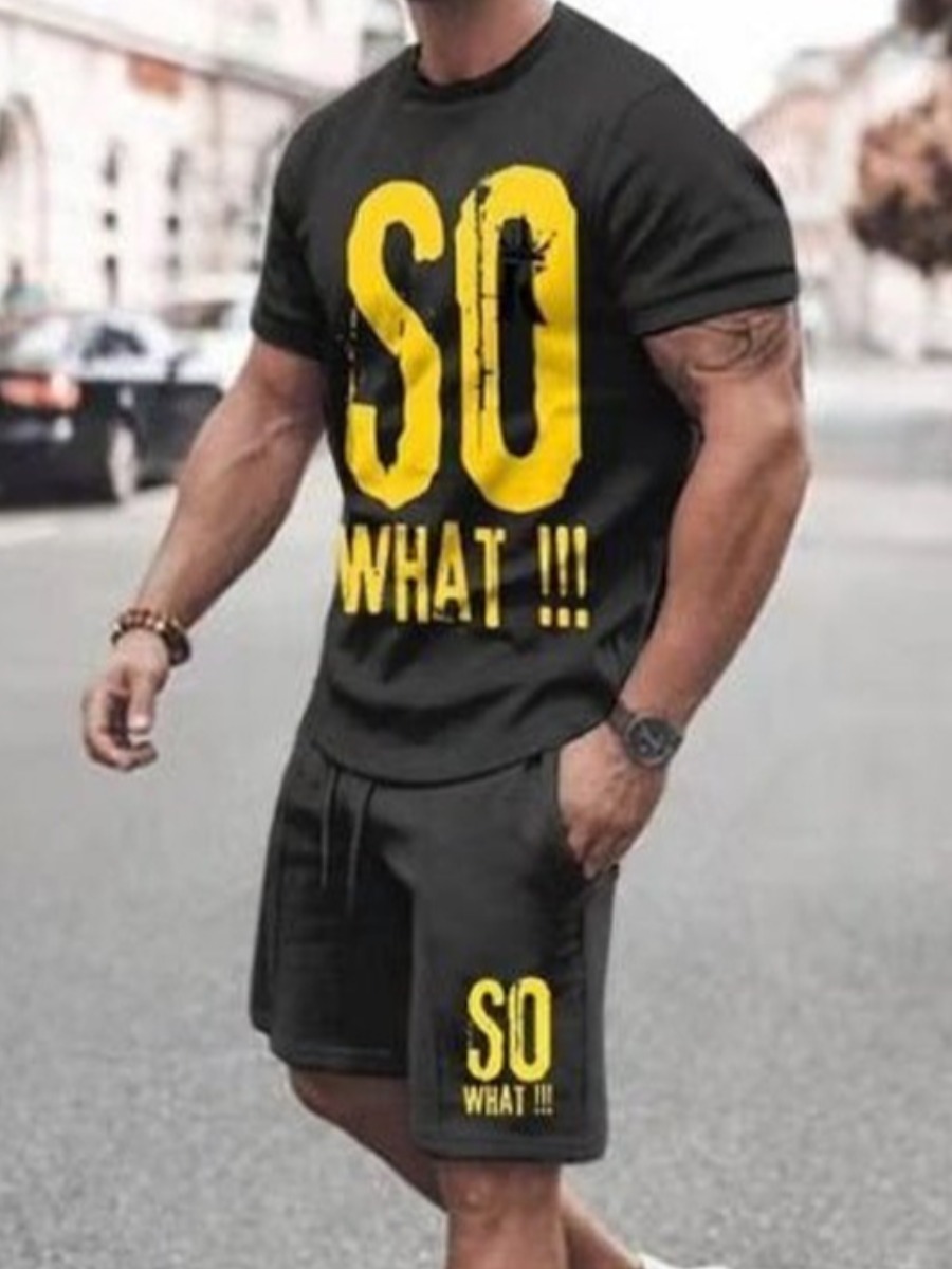 LW Men Letter Print Drawstring Shorts Set