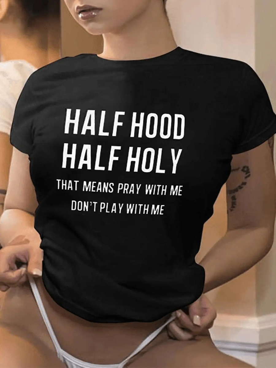 LW Half Hood Letter Print T-shirt