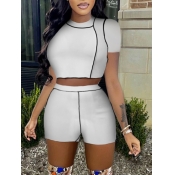 LW Casual Round Neck Striped White Two Piece Short