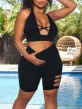 LW COTTON Material Series Casual Bandage Hollow-out Design Black Two Piece Shorts Set