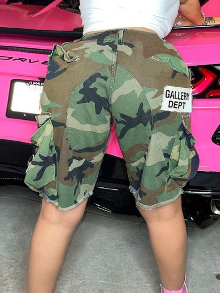 LW Mid Waist Side Pocket Camo Letter Print Cargo S
