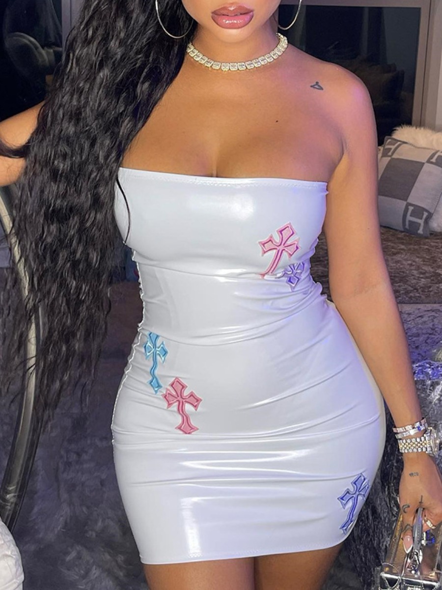 LW Faux Leather Off The Shoulder Cross Print Dress