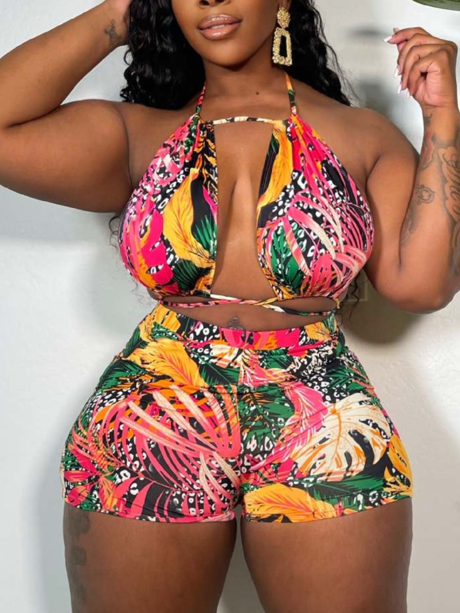 LW Plus Size Floral Print Bandage Design Shorts Se