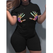 LW SXY Plus Size Round Neck Palm Print Shorts Set