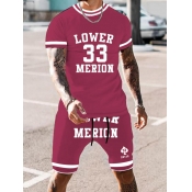 LW Men Letter Print Striped Shorts Set