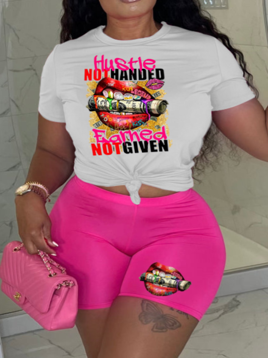 LW Plus Size Money Letter Lip Print Shorts Set