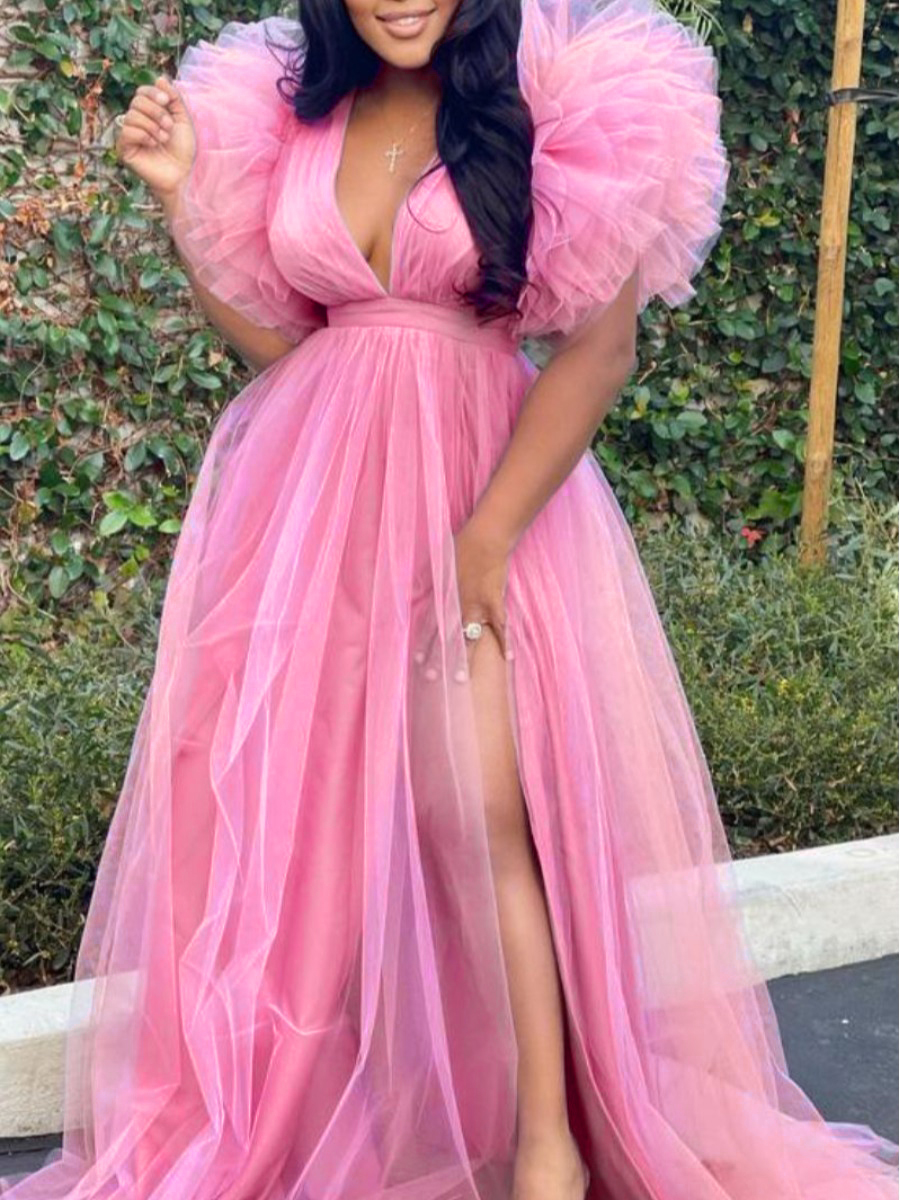 LW Plus Size Gauze Thigh Slit A Line Prom Dress