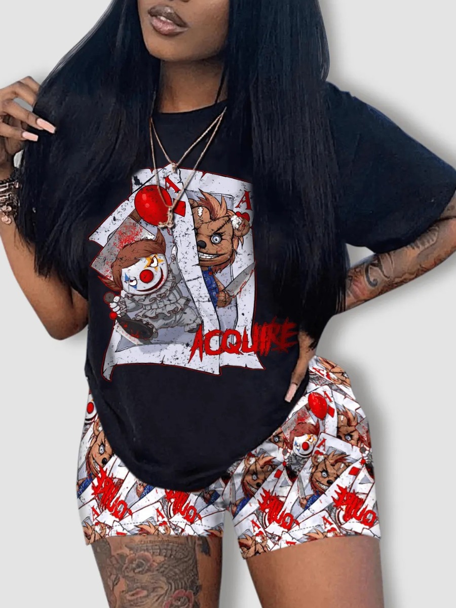 LW Cotton-Feel Cartoon Letter Mixed Print Shorts Set
